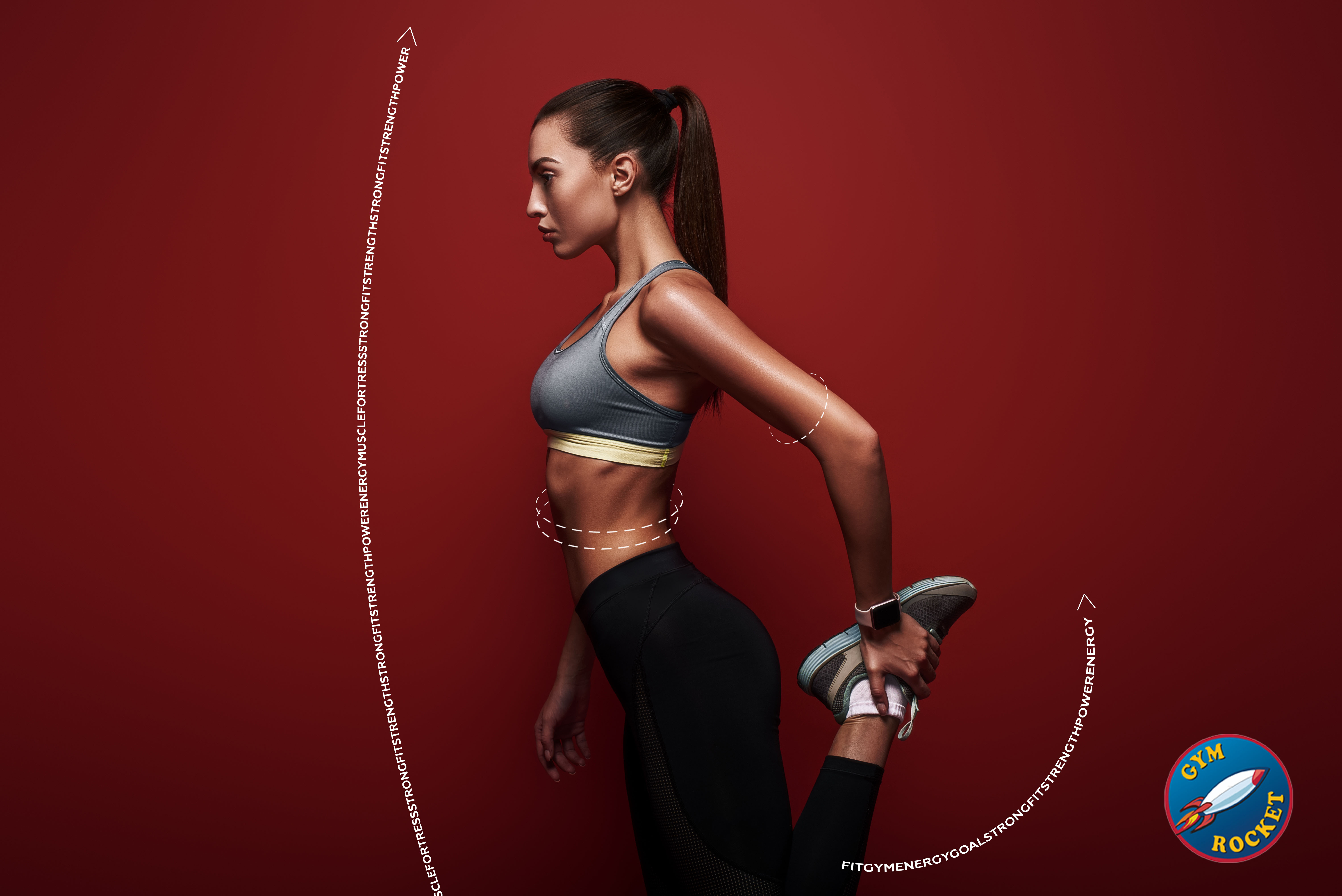 Beautiful young sportswoman in grey black sportswear stretching her body, isolated, over red background
