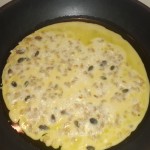 Pour the omelette mix semi-thinly into a pan at medium heat until cooked