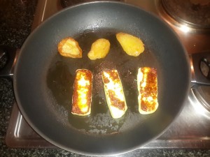 3.	In a medium sized pan, at a high heat, seal the Haloumi cheese (once the pan is high hot, put the pan on a cold stove plate and put the cheese in, turn over after a good couple of seconds and then can leave for a couple of minutes). Add the pear in the pan half way through the 2nd turn;