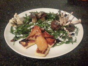 4.	Place the rocket around the plate and dress with balsamic reduction | 5.	Plate the Haloumi and then the pear, followed by the mushroom at your discretion