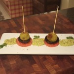9.	Place the Polpette on top of the mushroom and slide the skewer in.