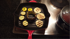 5.	Grill the vegetables. Consider the thickness of the hollowed out aubergine needs to cook for a bit longer.