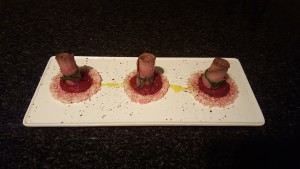 6.	Plate the beef on top. Salt and pepper with a drizzle of olive oil.