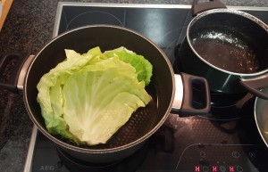 2.	Boil the cabbage leaves until quite soft;