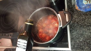 4.	Fry the strawberries in some diced onion (add strawberries when onion is blonde). When the strawberries are soft, add some balsamic vinegar, touch of chili and then blend;