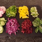 3.	Thin julienne and slice the veggies