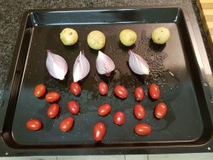 Put the longer to be cooked vegetables in the oven first (ingredients 1 to 3 above)