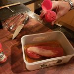 Quickly marinade the pork in olive oil, paprika and chili; then grill