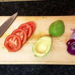 Lightly peel the skin off the avo (like the skin off an apple). Slice the onion and tomato